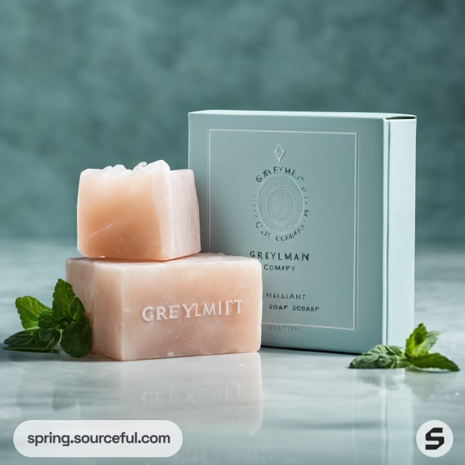 Box and two pink soap bars with mint leaves.