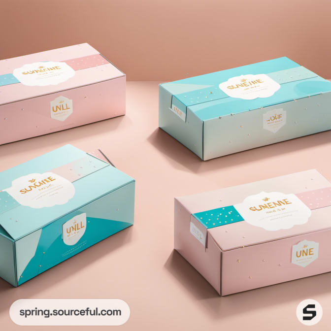 Pastel blue and pink mailing boxes on a beige background with decorative labels.