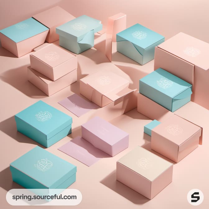 Pastel-colored mailer boxes in pink, blue, and purple arranged on a surface.