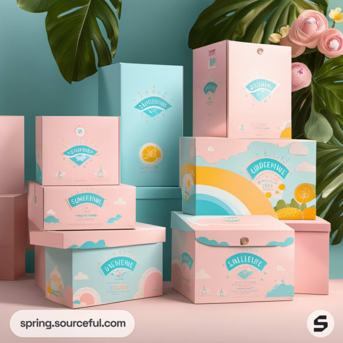 Colorful pastel boxes with playful cloud and rainbow designs, featuring both pink and light blue shades.