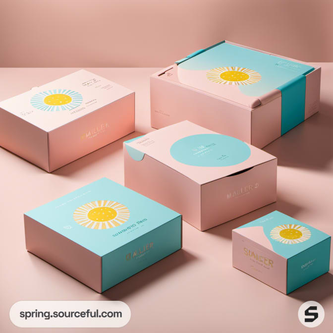 Pastel-colored boxes with sun design; pink and turquoise packaging.