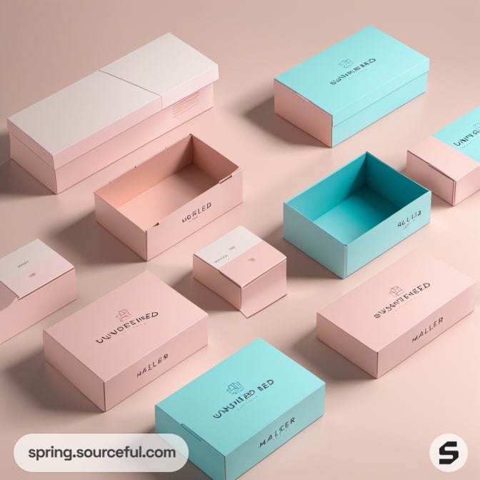 Various pastel pink and blue mailer boxes on a beige surface.