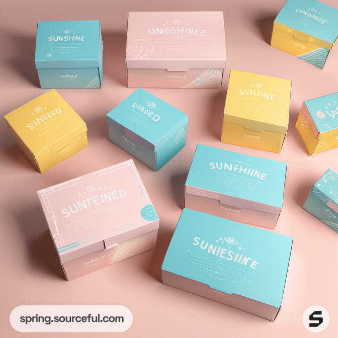 Colorful mailer boxes in pastel pink, yellow, and blue with playful text on pink surface.