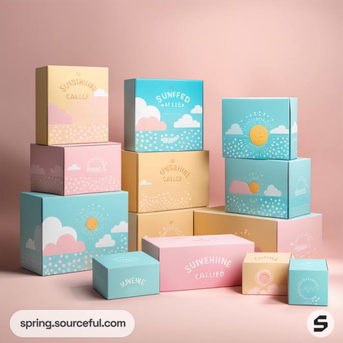 Stack of colorful mailer boxes with pastel clouds and sun designs.