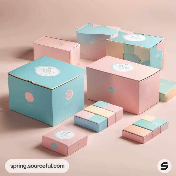 Pastel-colored boxes in blue and pink with minimal design on a beige background.