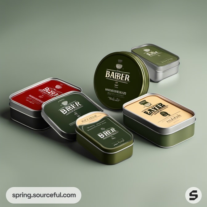 Green and red tins with vintage design on a green surface.