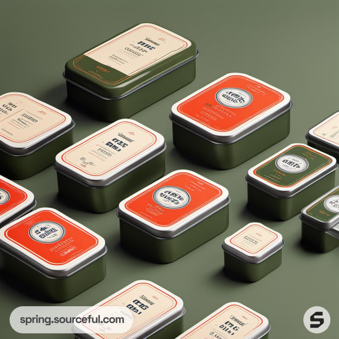 Various green rectangular tins with vintage labels.