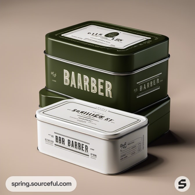 Green rectangular tins with vintage-style labels.