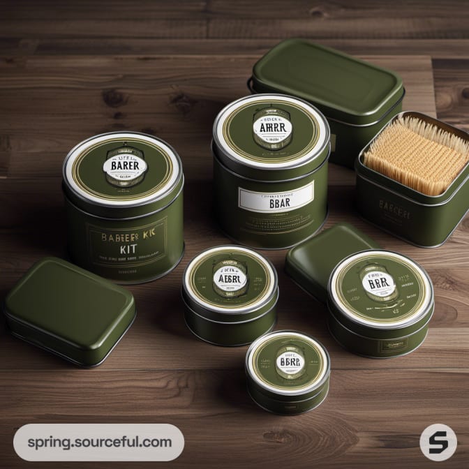 Round green tins with vintage design on wooden surface.