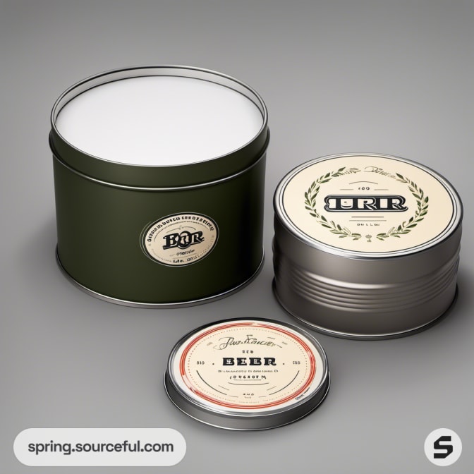 Green cylindrical tins with vintage label and open lid.