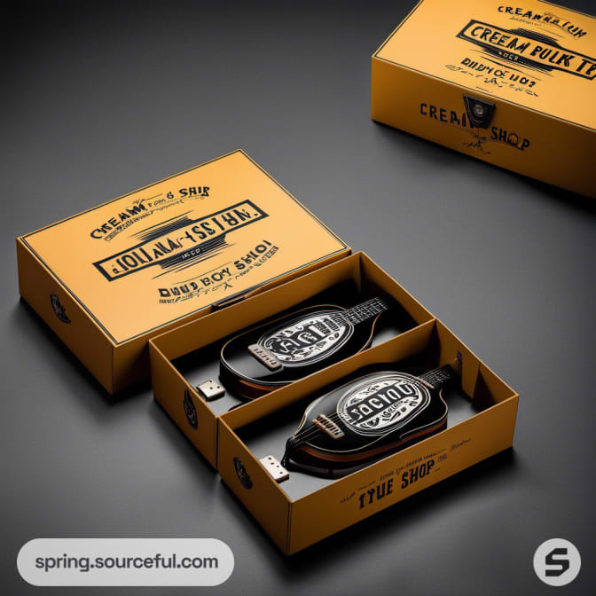 Box set with guitar-shaped items in gold packaging.