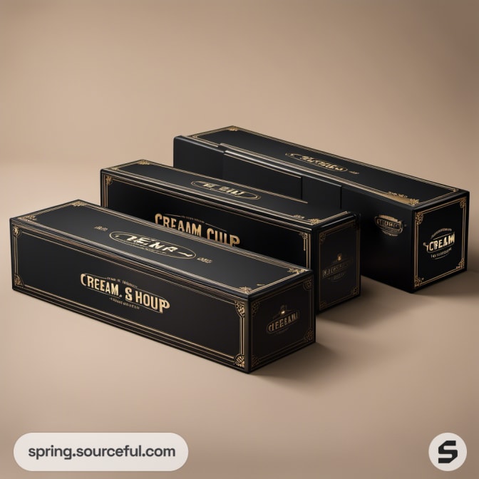 Long black boxes with elegant vintage typography.