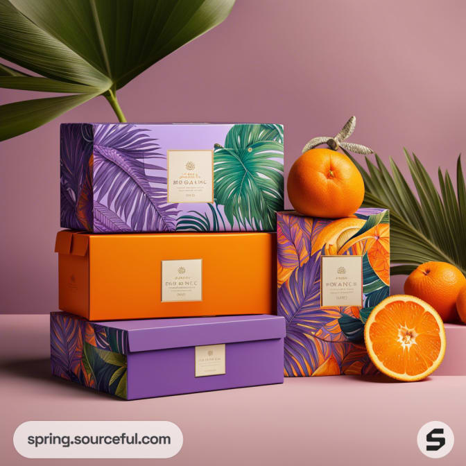 Colorful gift boxes with tropical leaf designs and oranges on a pink background.