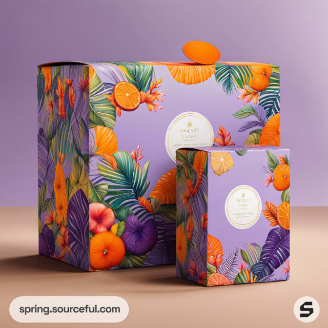 Purple mailer box with tropical fruit and foliage pattern, featuring oranges and passion fruits.