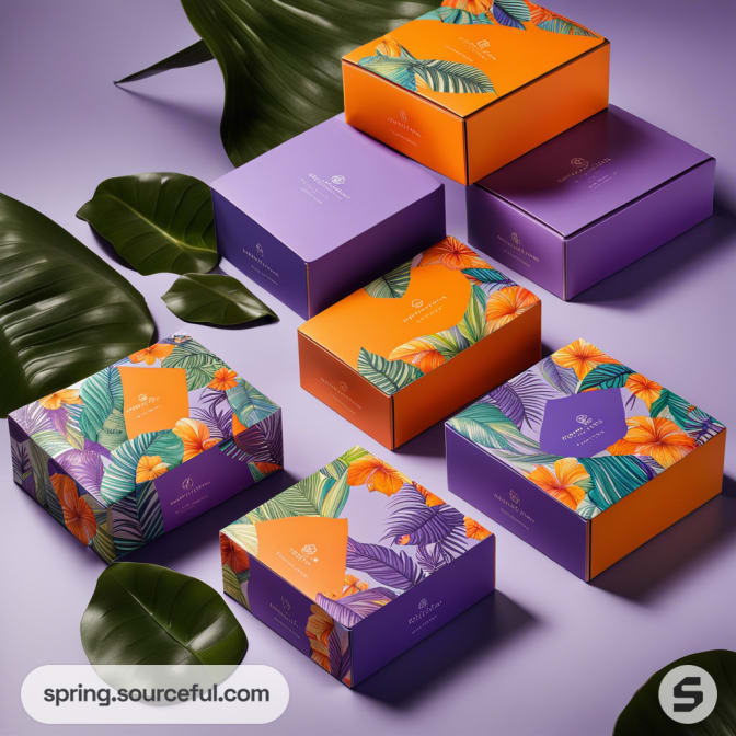 Colorful mailer boxes with floral and leaf patterns in orange and purple, surrounded by green leaves.