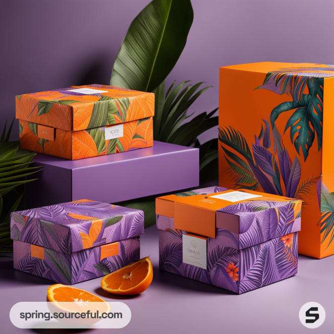 Colorful floral-patterned packaging boxes with tropical leaf designs and oranges against a purple background.