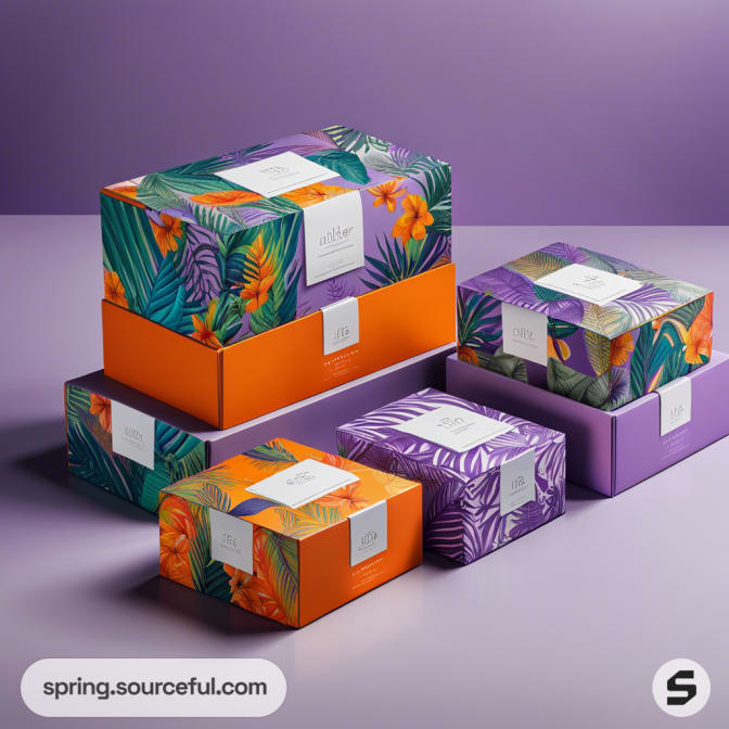 Colorful stack of boxes with floral and tropical leaf patterns on purple background.