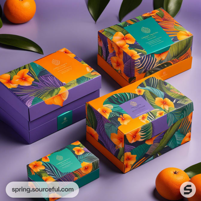 Tropical-themed boxes with floral and leaf designs on purple and orange backgrounds.