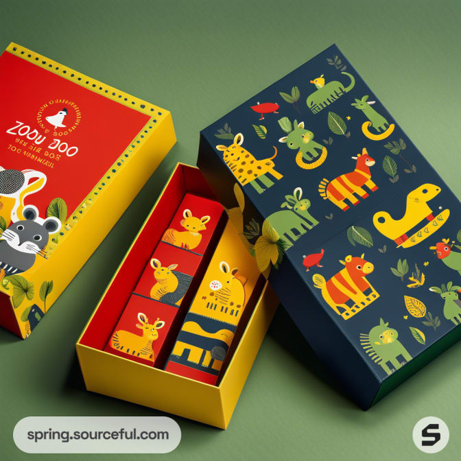 Colorful rectangular gift box with playful animal illustrations on a green surface.