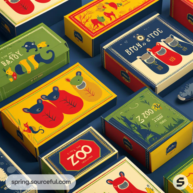 Colorful illustrated shoe boxes with animal designs in red, yellow, and blue on a blue background.