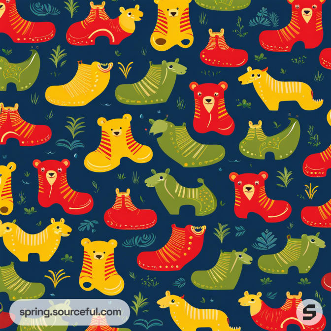 Cartoon animal and shoe pattern on dark background, featuring colorful bears, dogs, boots, and grass elements.