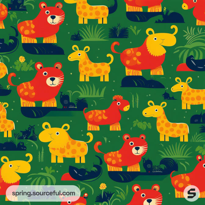 Colorful cartoon animals on green jungle-themed background.