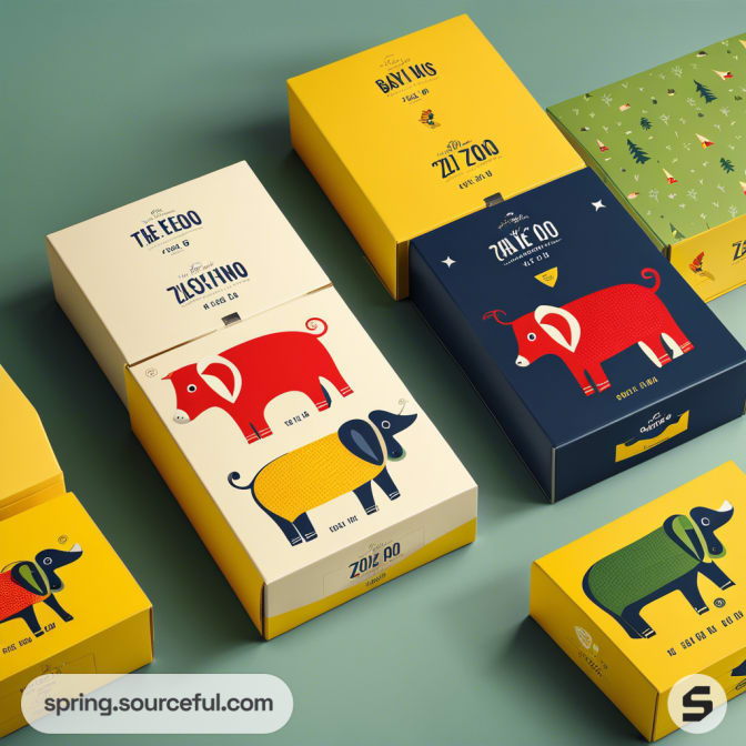 Colorful packaging with playful animal illustrations on yellow, red, navy, and green boxes.