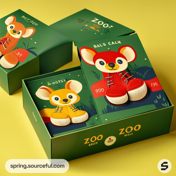 Green boxes with cartoon animal designs and text on a yellow background.