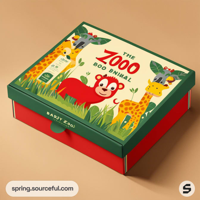 Colorful zoo-themed rectangular gift box with cartoon animals on light tan background.