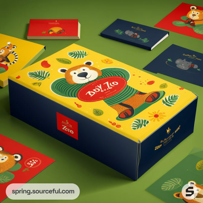 Colorful mailer box with bear illustration, surrounded by cards with animal designs on a green surface.