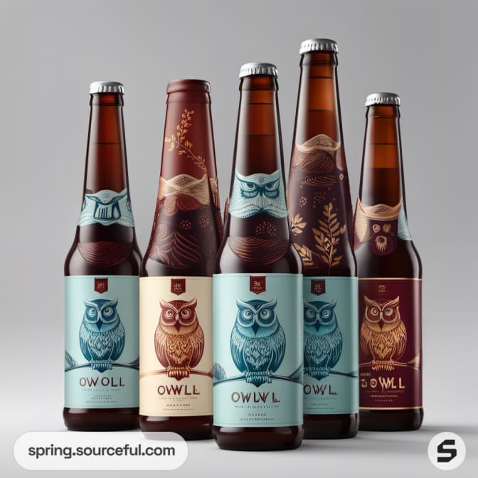 Assorted owl-themed beer bottles with colorful labels.