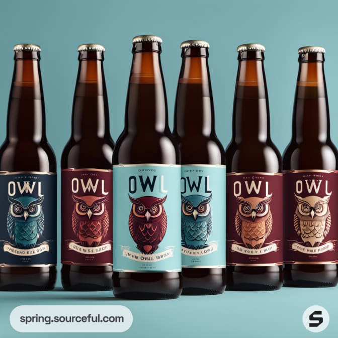 Owl-themed beer bottles with vibrant illustrated labels.