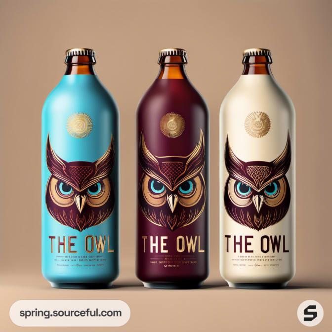 Three beer bottles featuring detailed owl illustrations.