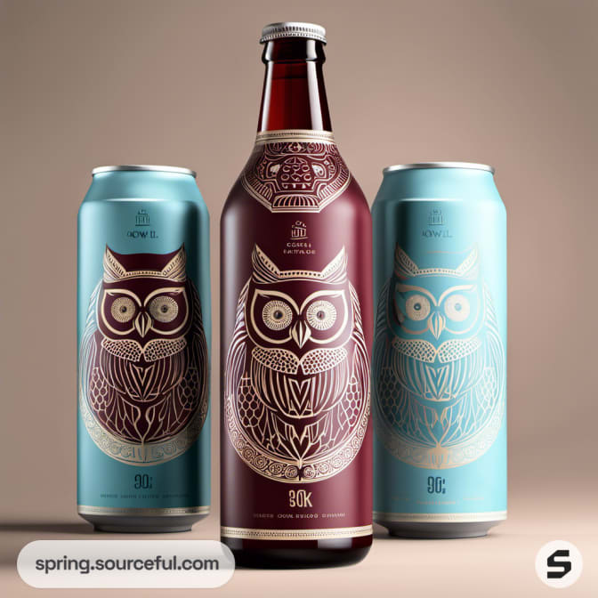 Large beer can and bottle featuring intricate owl designs.