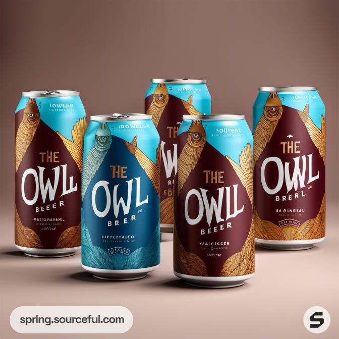 Owl-themed beer cans with stylized feather designs.