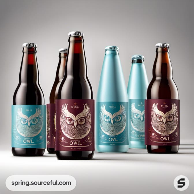 Assorted beer bottles with stylized owl labels.