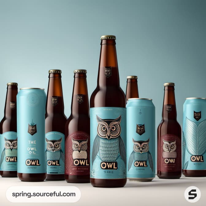 Collection of beer cans and bottles with owl designs.