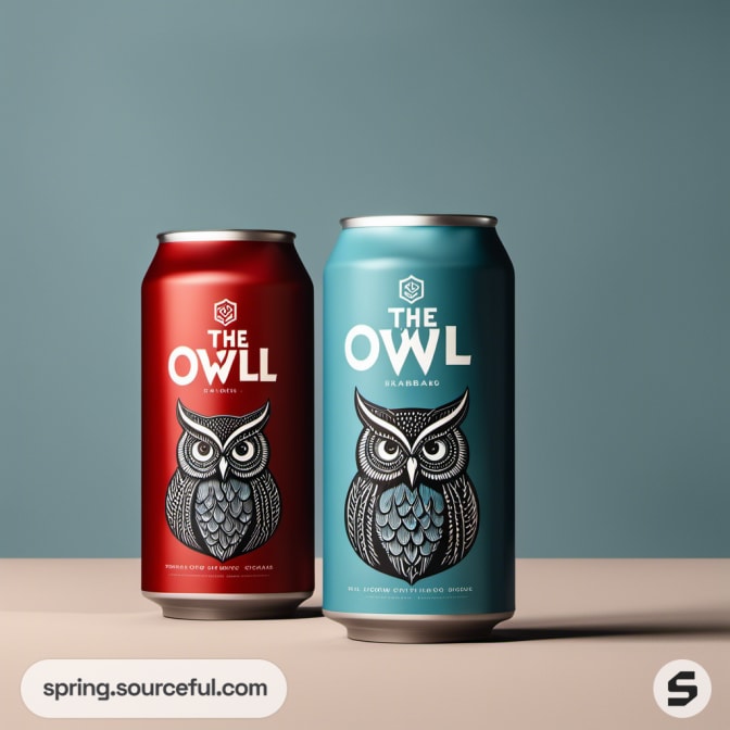 Two beer cans with owl illustrations in red and blue.