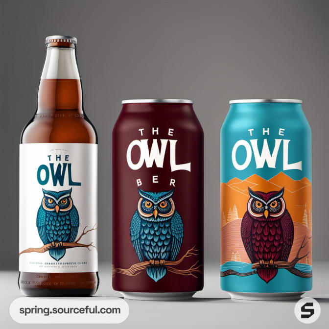 Various beer can and bottle designs with owl imagery.