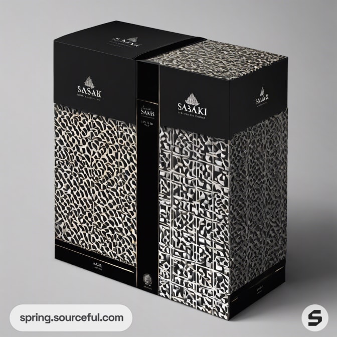 Black packaging boxes with abstract patterns