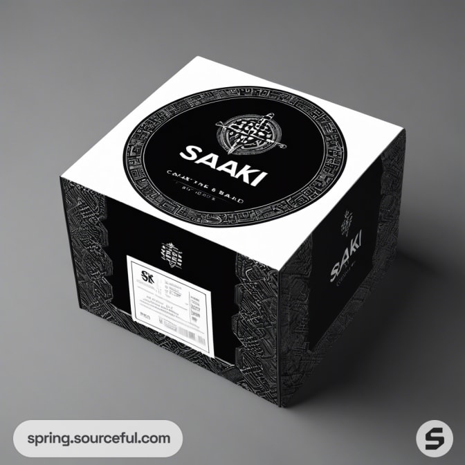 Black and white box with circular emblem