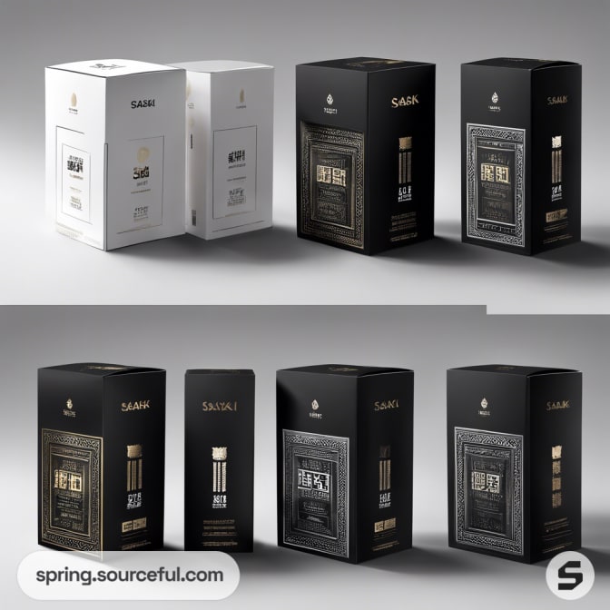 White and black boxes with gold accents