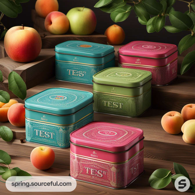 Colorful square tins with fruit designs on a wooden shelf.