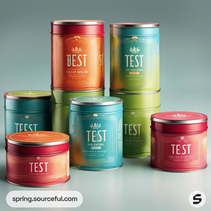 Stack of cylindrical tins with vibrant designs and 'Test' labels.