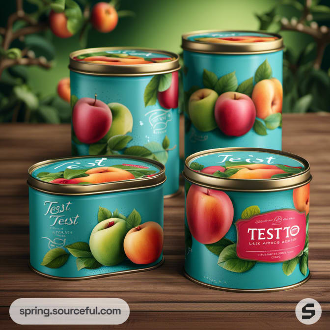 Round tins with fruit graphics on a wooden table.