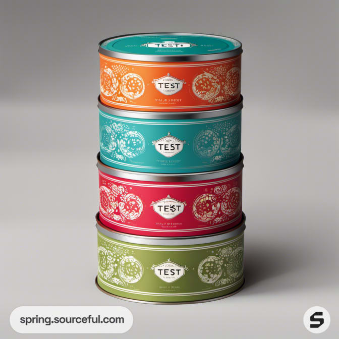 Row of colorful tins with intricate fruit patterns.