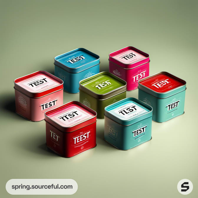 Assorted square tins in bright colors with 'Test' labels.