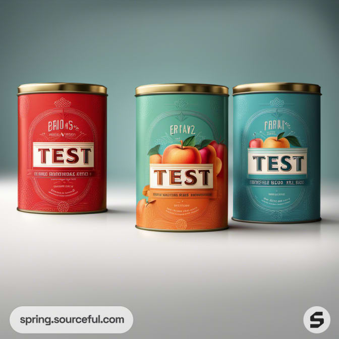 Three cylindrical tins with vivid fruit designs and 'Test' labels.