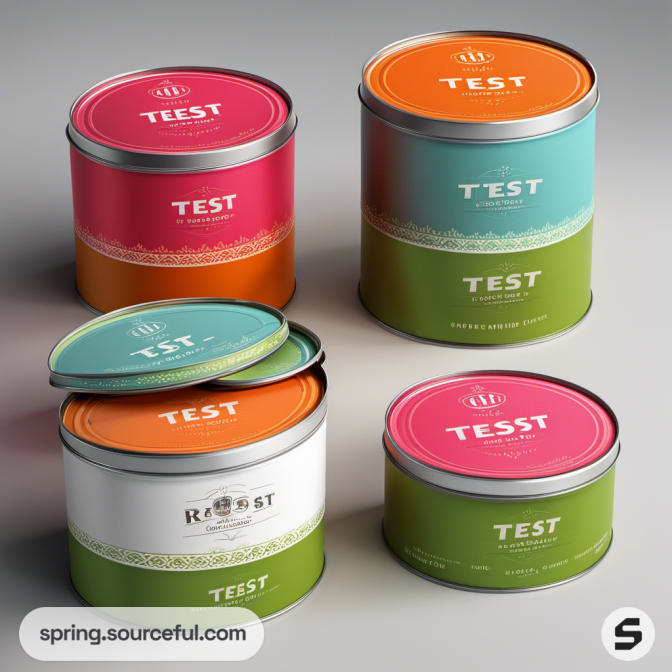 Round tins with colorful tops and 'Test' branding.
