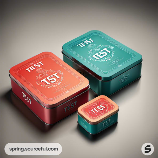 Three rectangular tins in various colors with 'Test' labels.